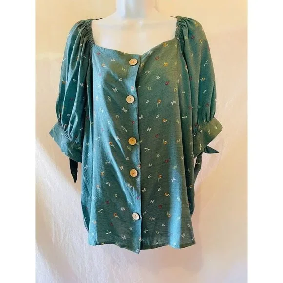 Lauren Conrad Top Shirt Peasant Women’s Size XXL Flower Butterfly Green Boho - Picture 1 of 10